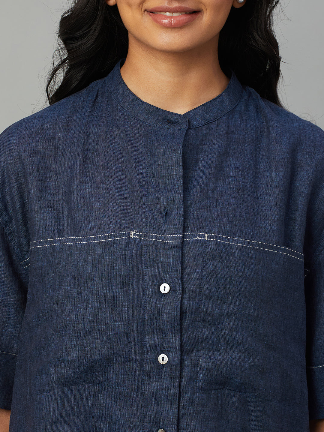 Women's Navy 100% Linen Boxy Fit Blouse