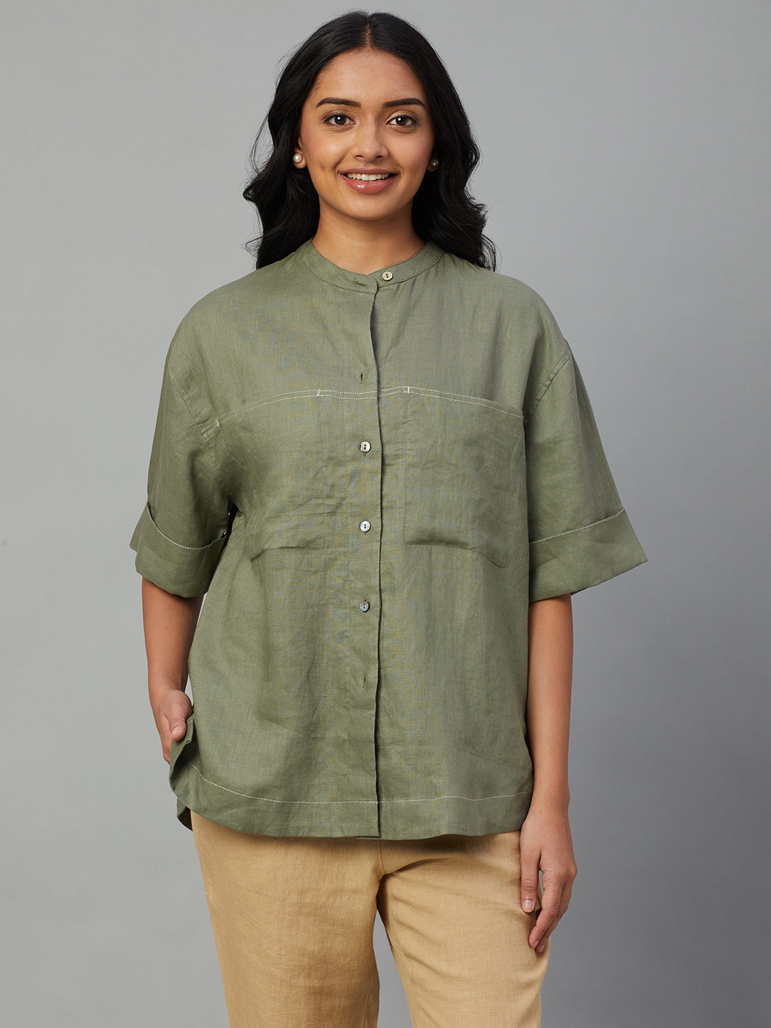Women's Olive 100% Linen Boxy Fit Blouse