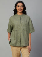 Women's Olive 100% Linen Boxy Fit Blouse