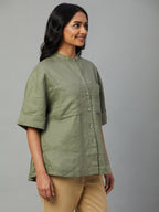 Women's Olive 100% Linen Boxy Fit Blouse