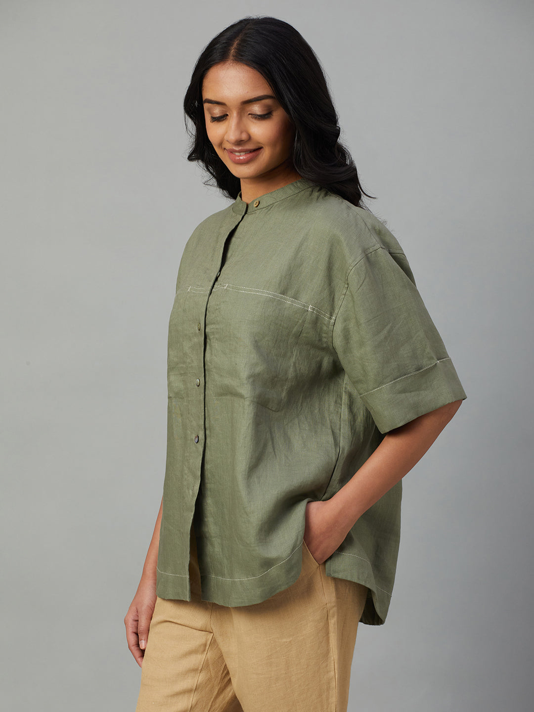 Women's Olive 100% Linen Boxy Fit Blouse