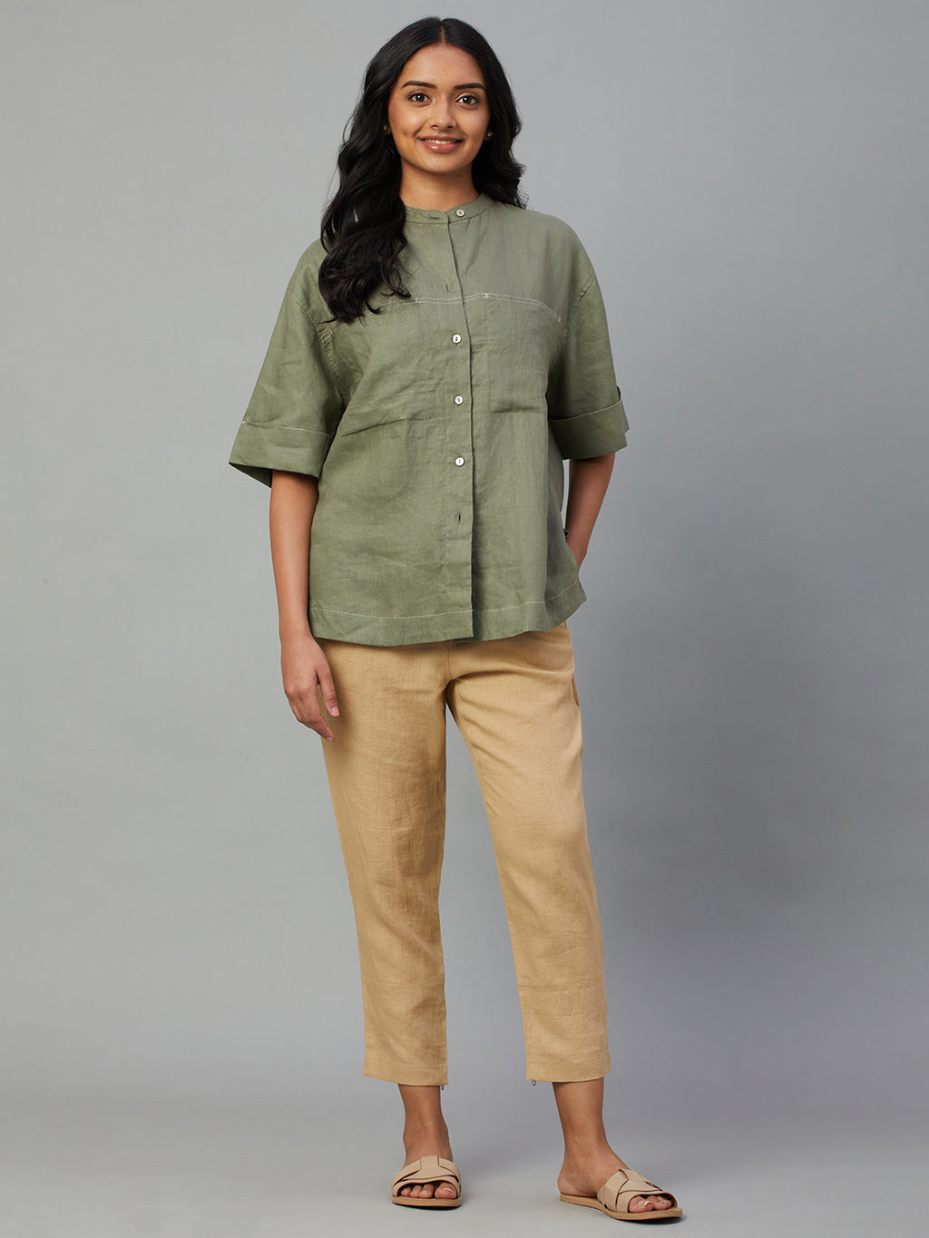 Women's Olive 100% Linen Boxy Fit Blouse