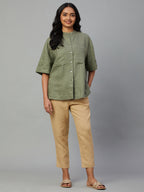 Women's Olive 100% Linen Boxy Fit Blouse