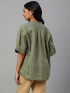 Women's Olive 100% Linen Boxy Fit Blouse