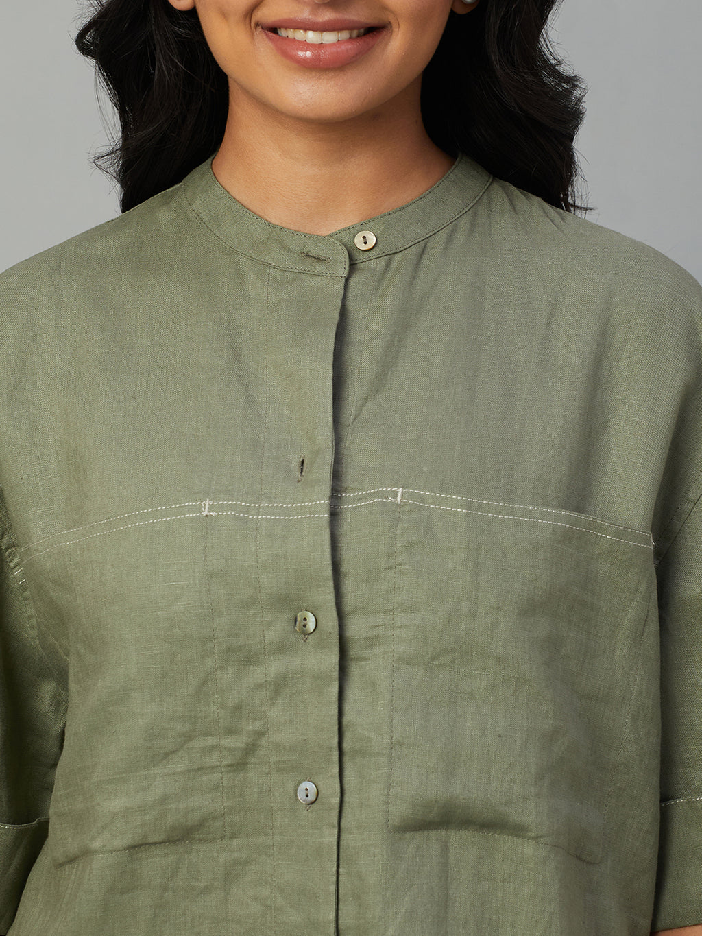 Women's Olive 100% Linen Boxy Fit Blouse
