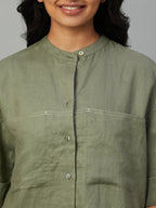 Women's Olive 100% Linen Boxy Fit Blouse