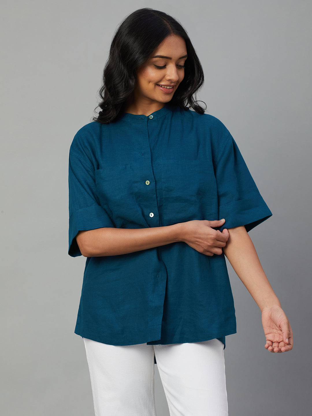 Women's Teal 100% Linen Boxy Fit Blouse