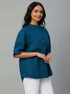 Women's Teal 100% Linen Boxy Fit Blouse