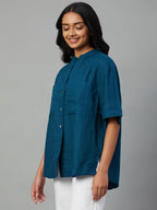 Women's Teal 100% Linen Boxy Fit Blouse