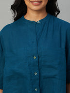Women's Teal 100% Linen Boxy Fit Blouse