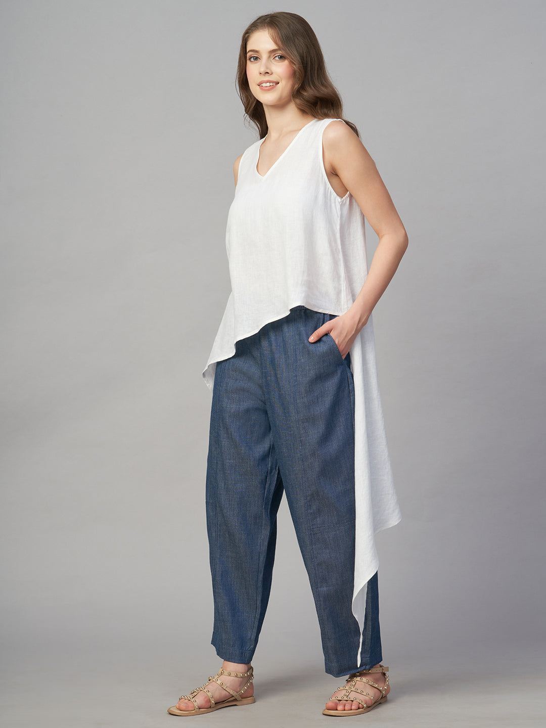 Women's White 100% Linen Regular Fit Blouse