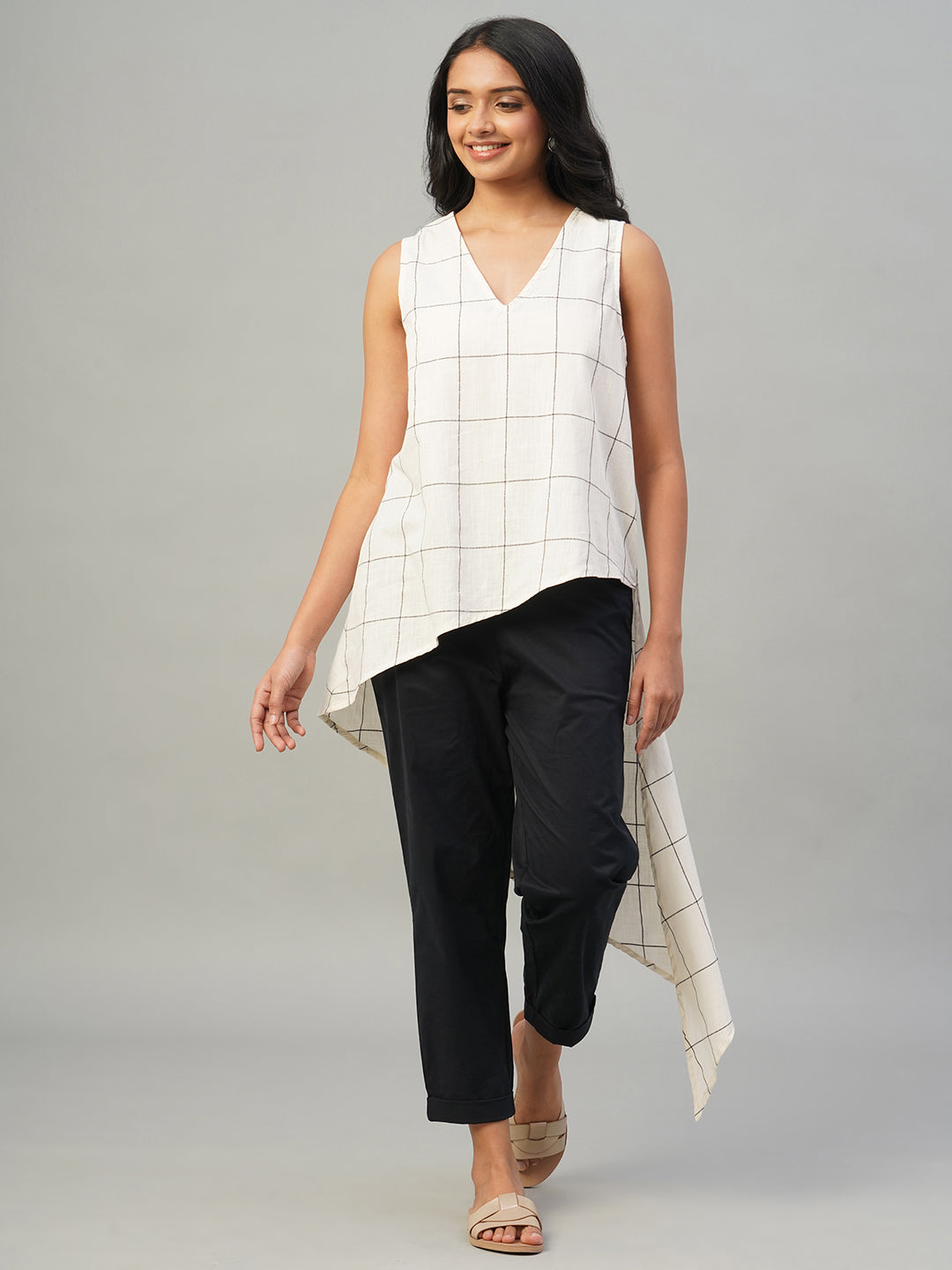 Women's Natural/Black 100% Cotton Regular Fit Blouse