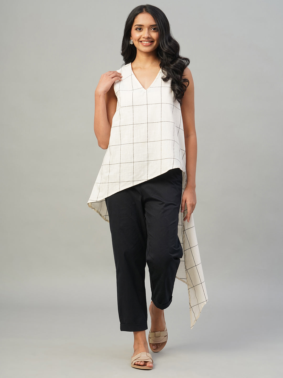 Women's Natural/Black 100% Cotton Regular Fit Blouse