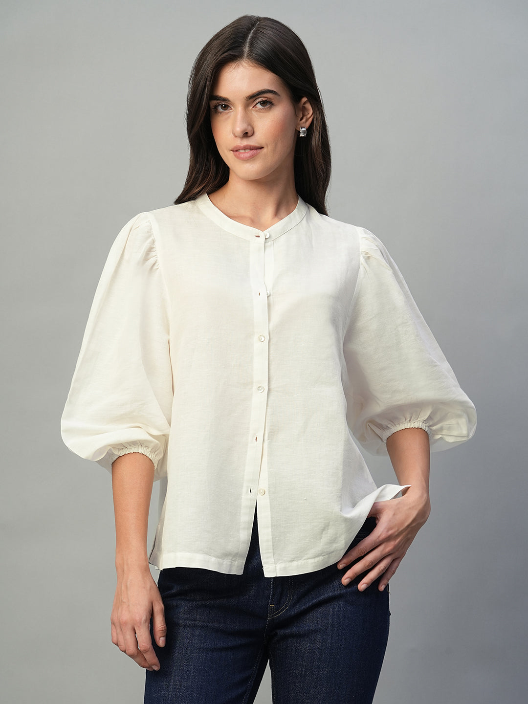 Women's White Linen Cotton Regular Fit Blouse