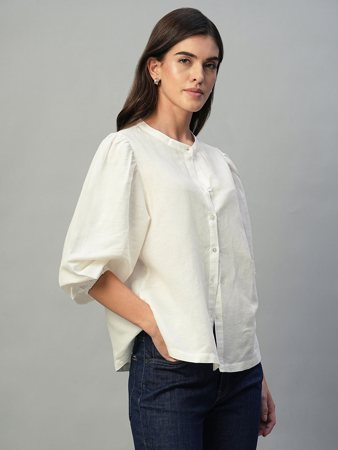 Women's White Linen Cotton Regular Fit Blouse