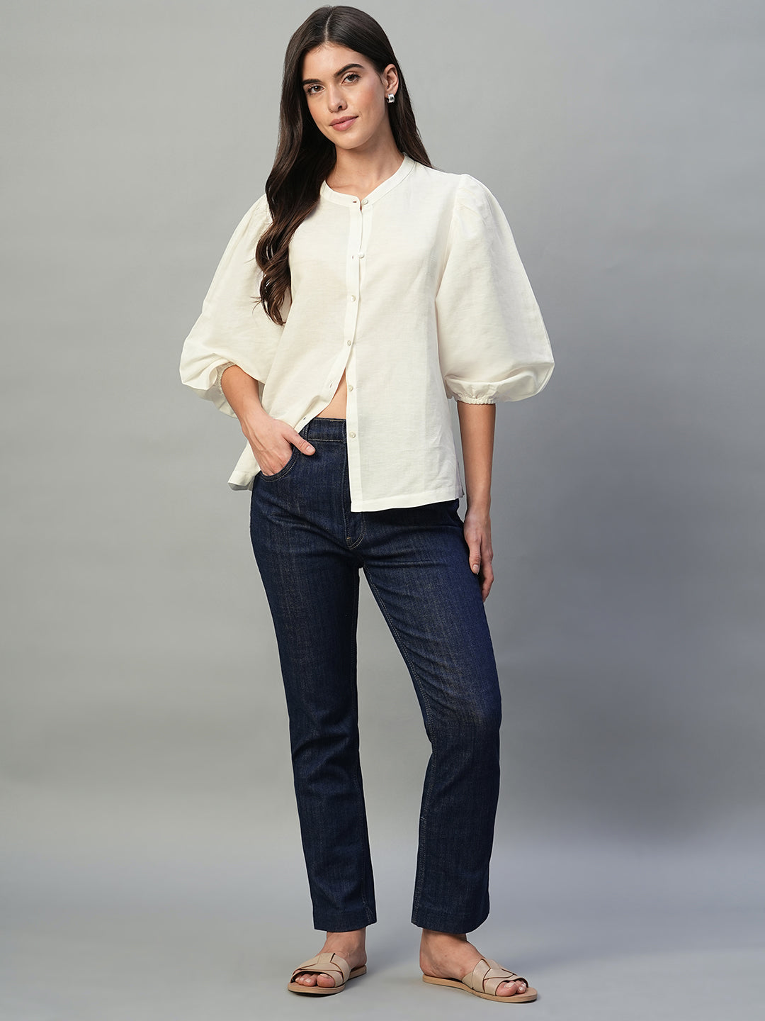Women's White Linen Cotton Regular Fit Blouse