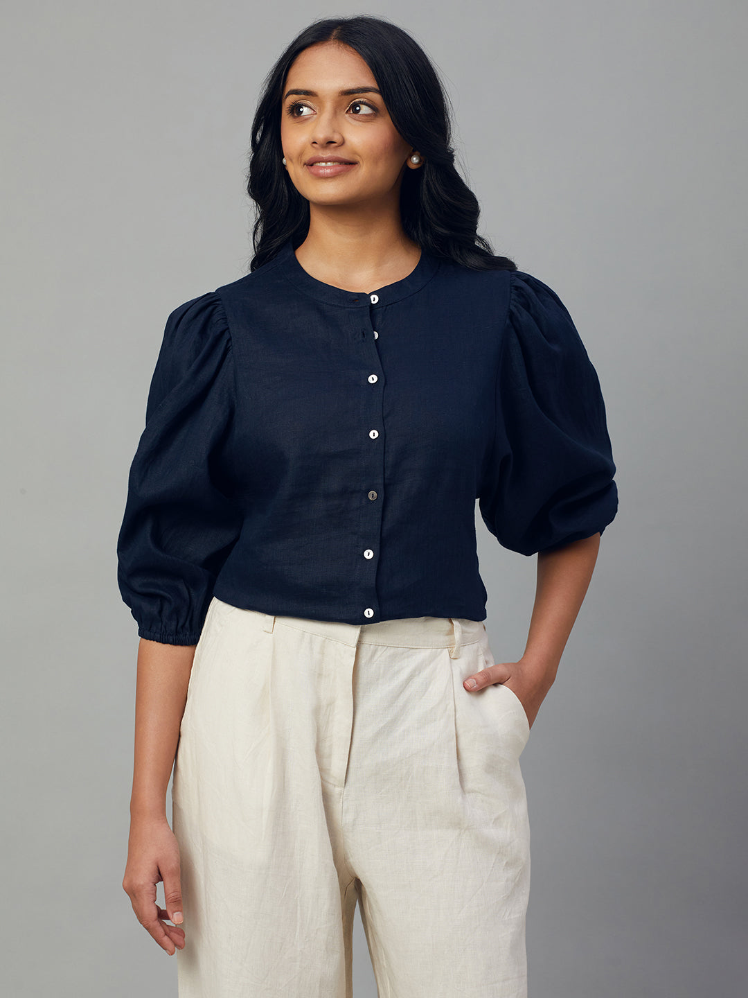 Women's Navy 100% Linen Regular Fit Blouse