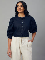 Women's Navy 100% Linen Regular Fit Blouse