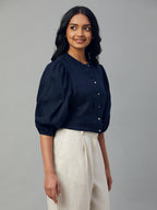 Women's Navy 100% Linen Regular Fit Blouse