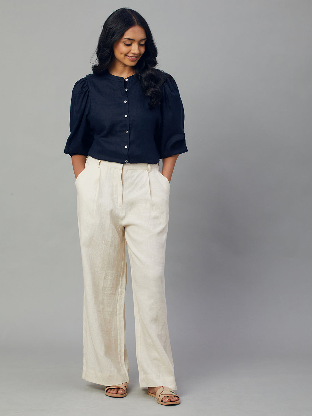 Women's Navy 100% Linen Regular Fit Blouse