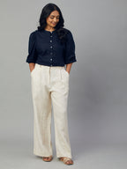 Women's Navy 100% Linen Regular Fit Blouse