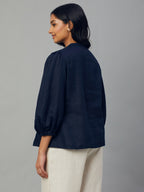 Women's Navy 100% Linen Regular Fit Blouse