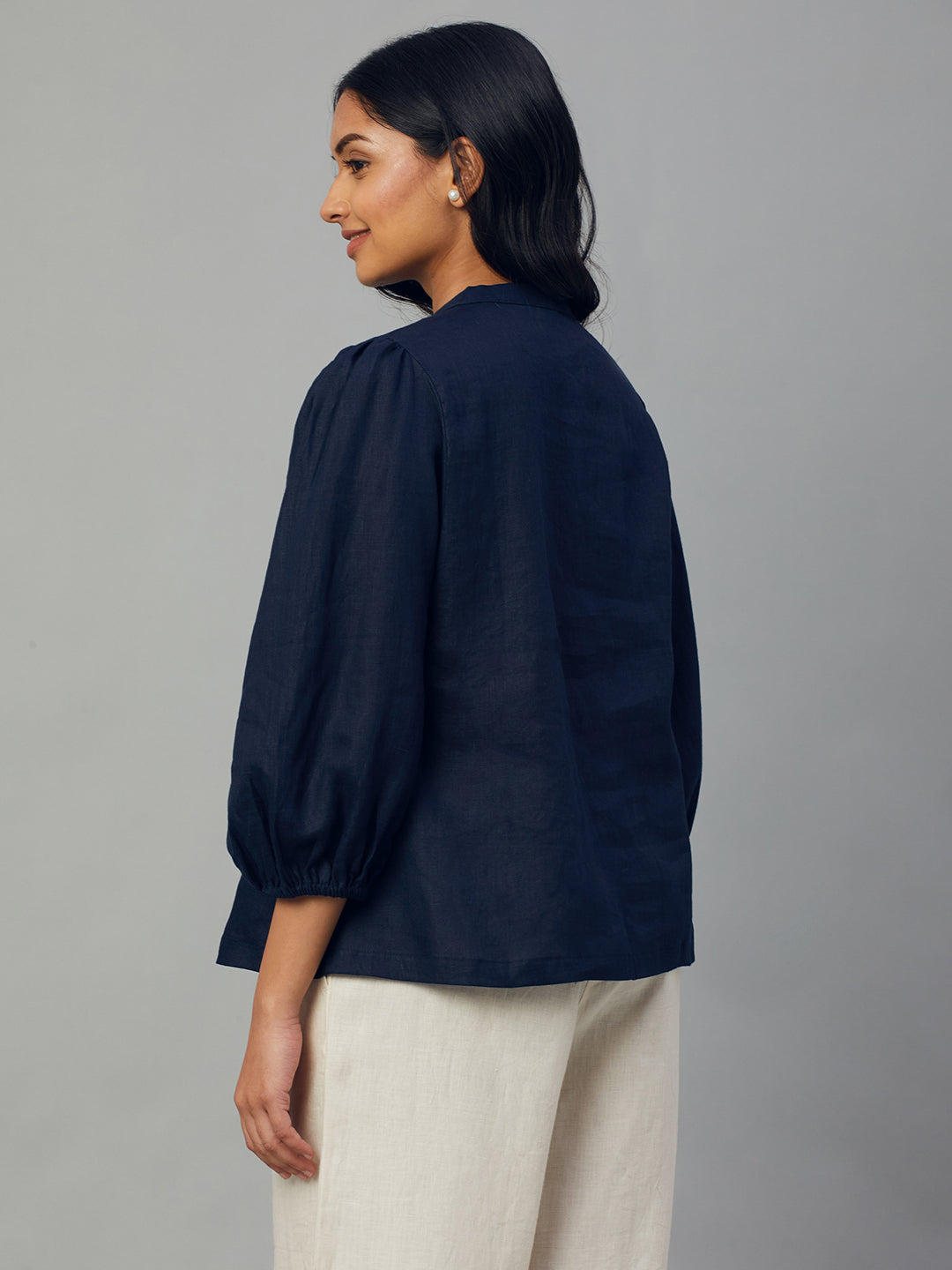 Women's Navy 100% Linen Regular Fit Blouse