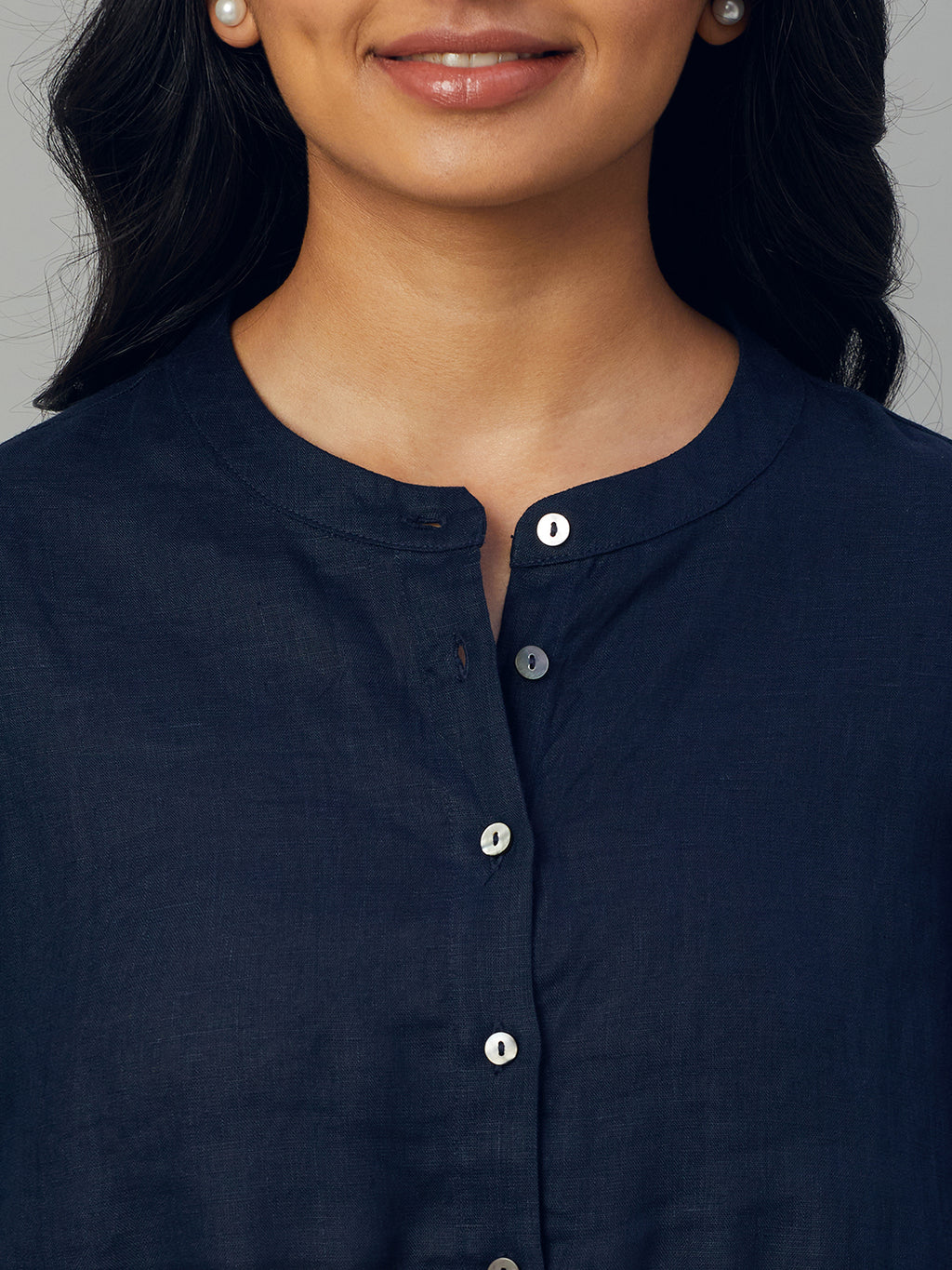 Women's Navy 100% Linen Regular Fit Blouse
