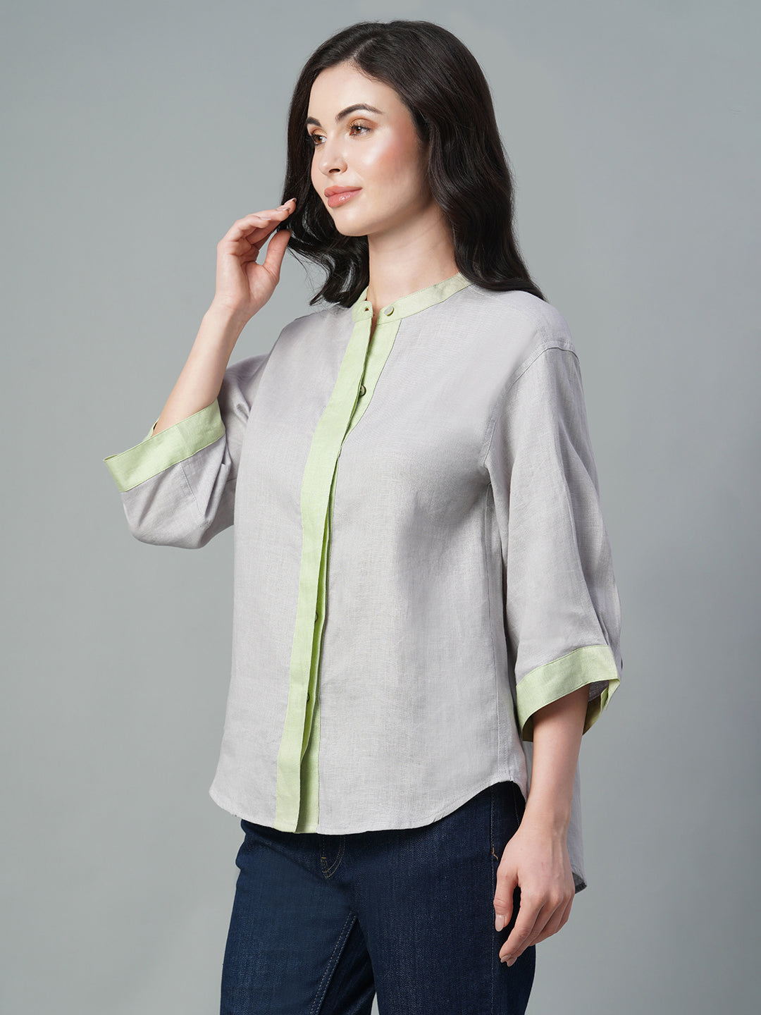 Women's Grey 100% Linen Regular Fit Blouse