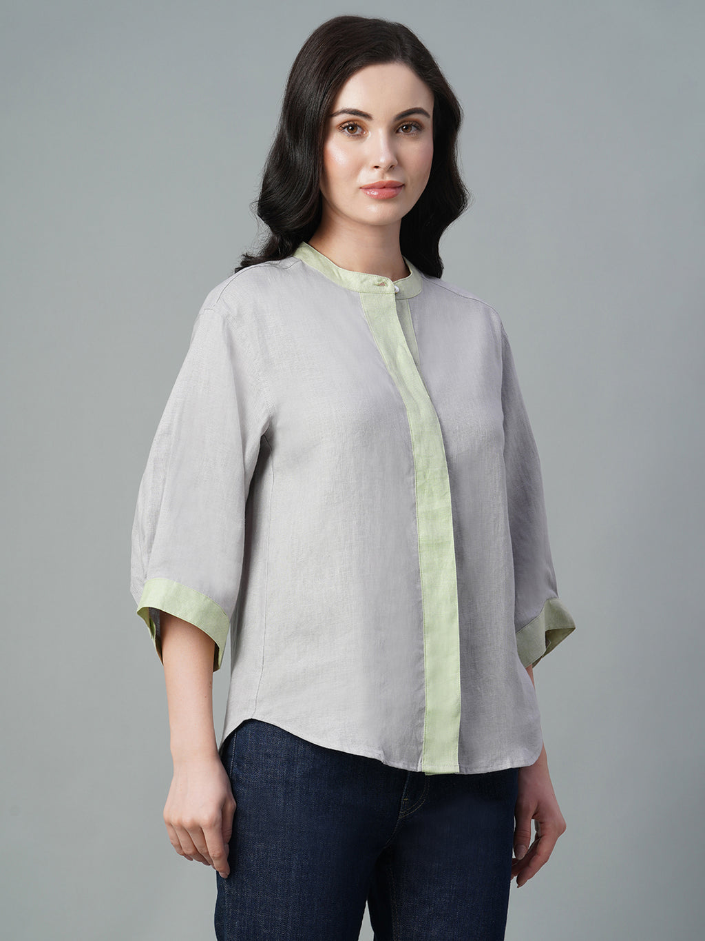 Women's Grey 100% Linen Regular Fit Blouse