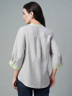 Women's Grey 100% Linen Regular Fit Blouse