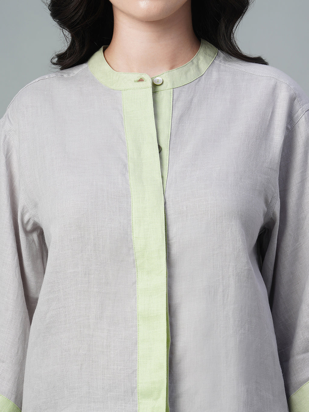 Women's Grey 100% Linen Regular Fit Blouse