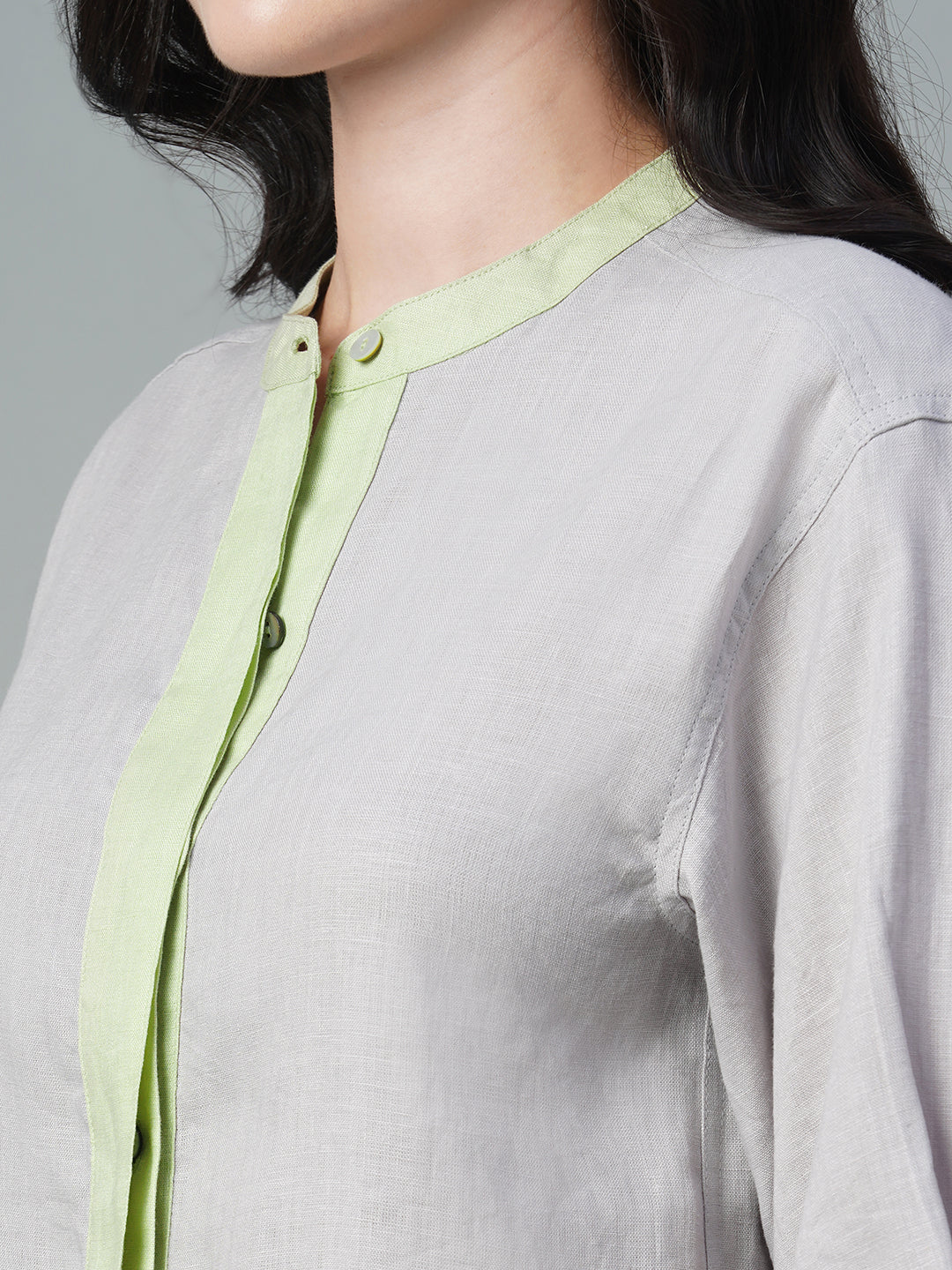 Women's Grey 100% Linen Regular Fit Blouse