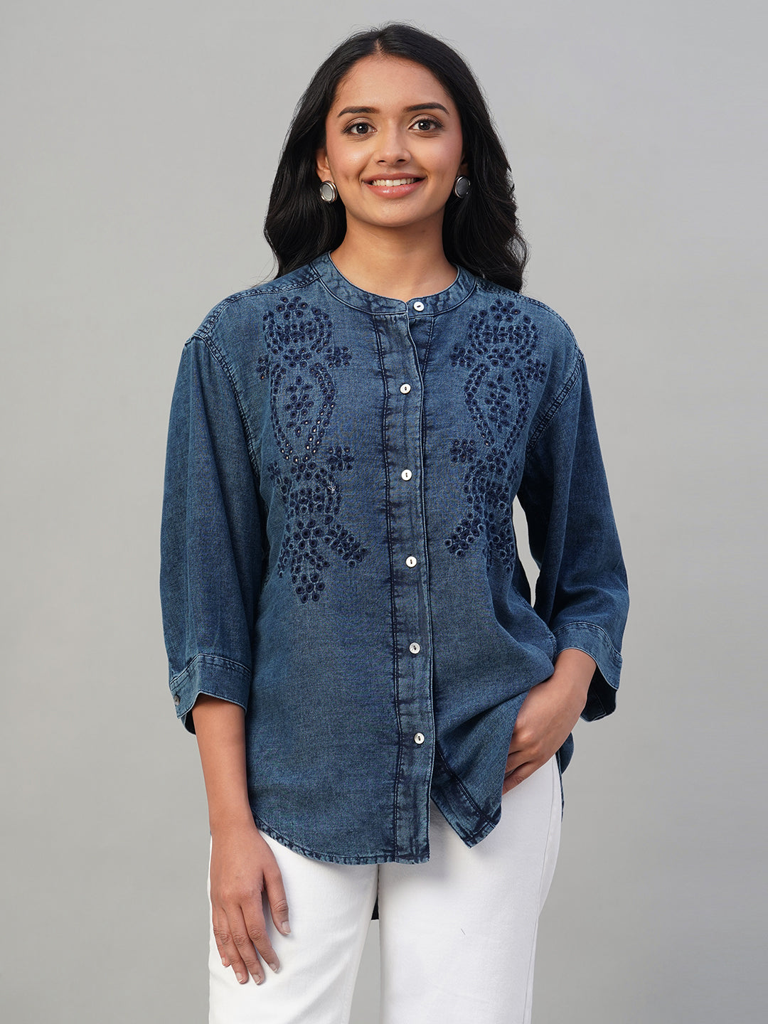 Women's Indigo 100% Cotton Regular Fit Blouse