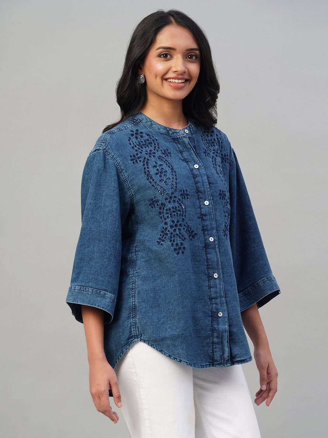 Women's Indigo 100% Cotton Regular Fit Blouse