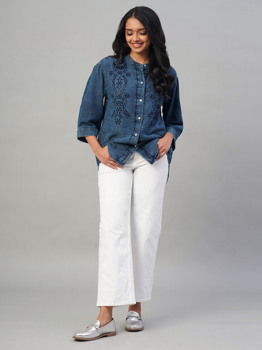 Women's Indigo 100% Cotton Regular Fit Blouse
