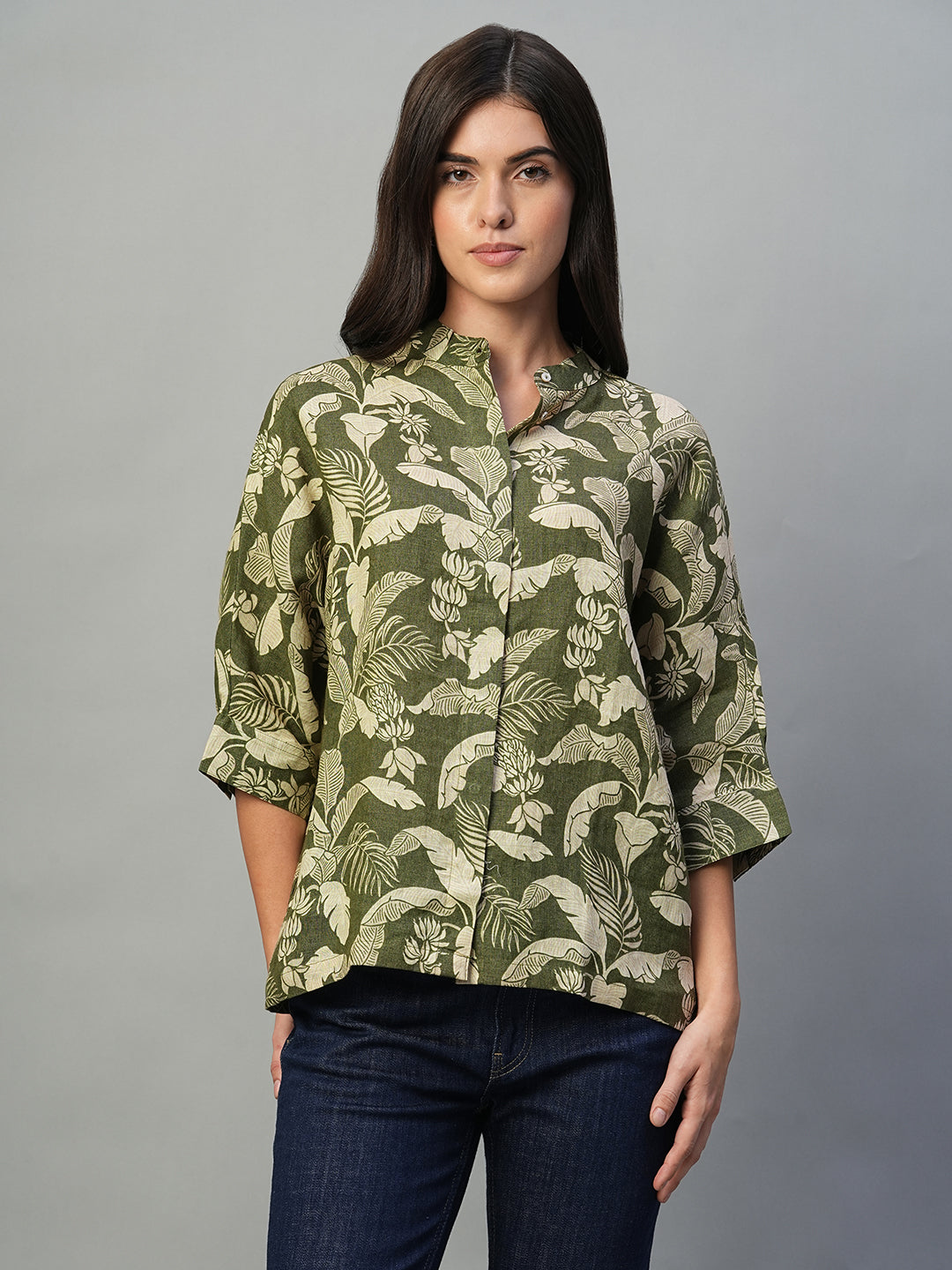 Women's Olive 100% Linen Regular Fit Blouse