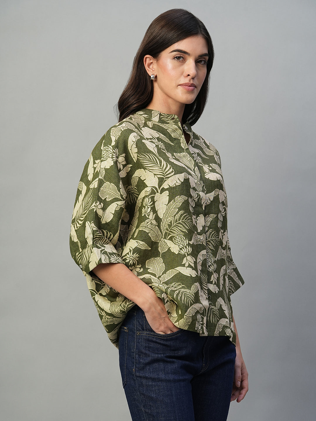 Women's Olive 100% Linen Regular Fit Blouse
