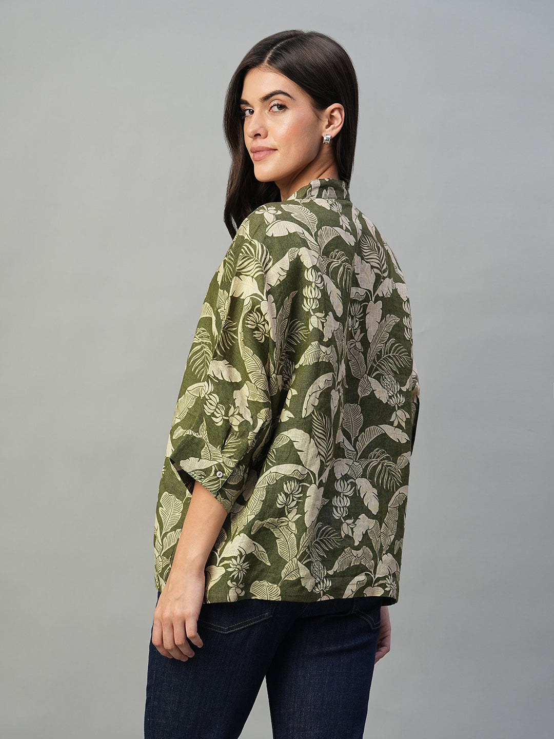 Women's Olive 100% Linen Regular Fit Blouse