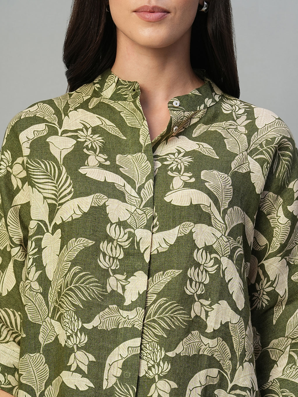 Women's Olive 100% Linen Regular Fit Blouse