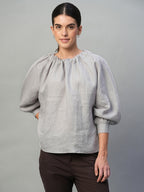 Women's Grey 100% Linen Regular Fit Blouse