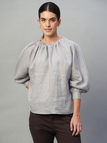 Women's Grey 100% Linen Regular Fit Blouse