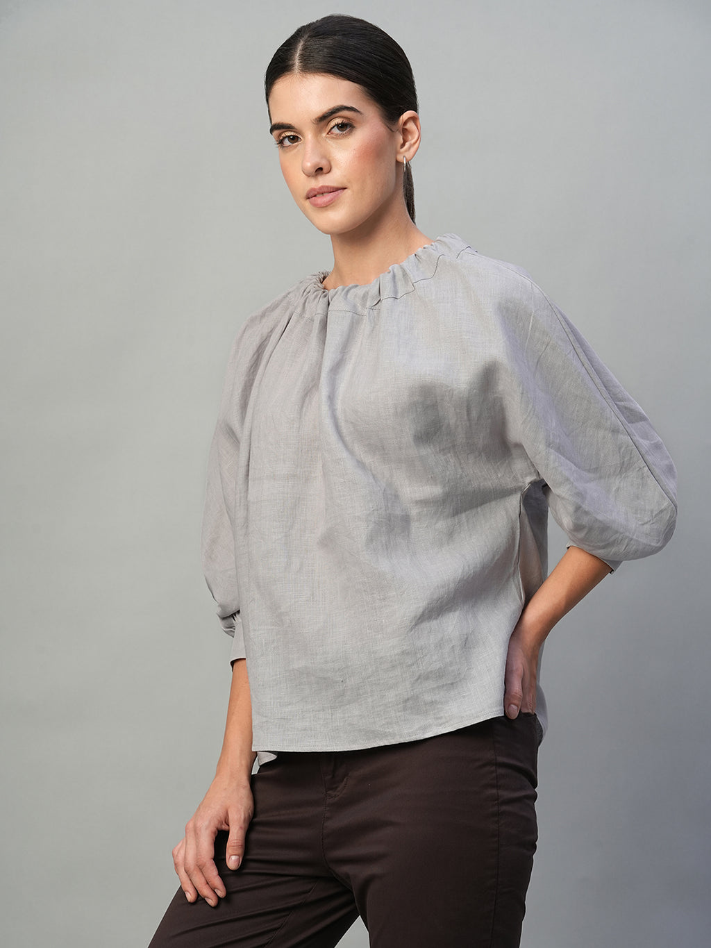 Women's Grey 100% Linen Regular Fit Blouse