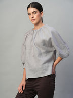 Women's Grey 100% Linen Regular Fit Blouse