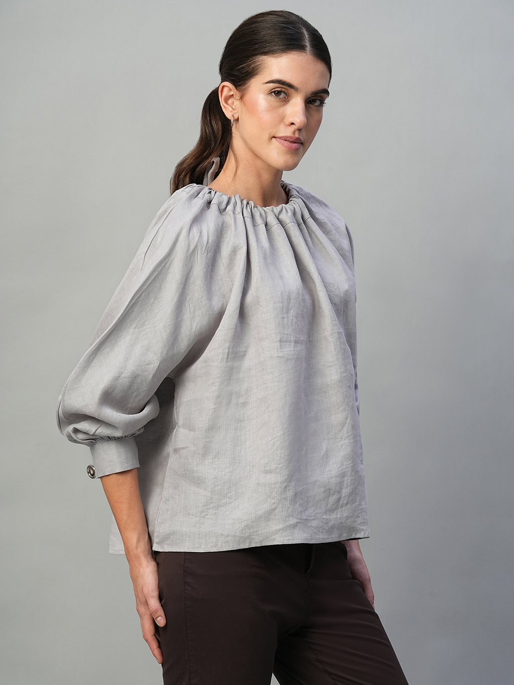 Women's Grey 100% Linen Regular Fit Blouse