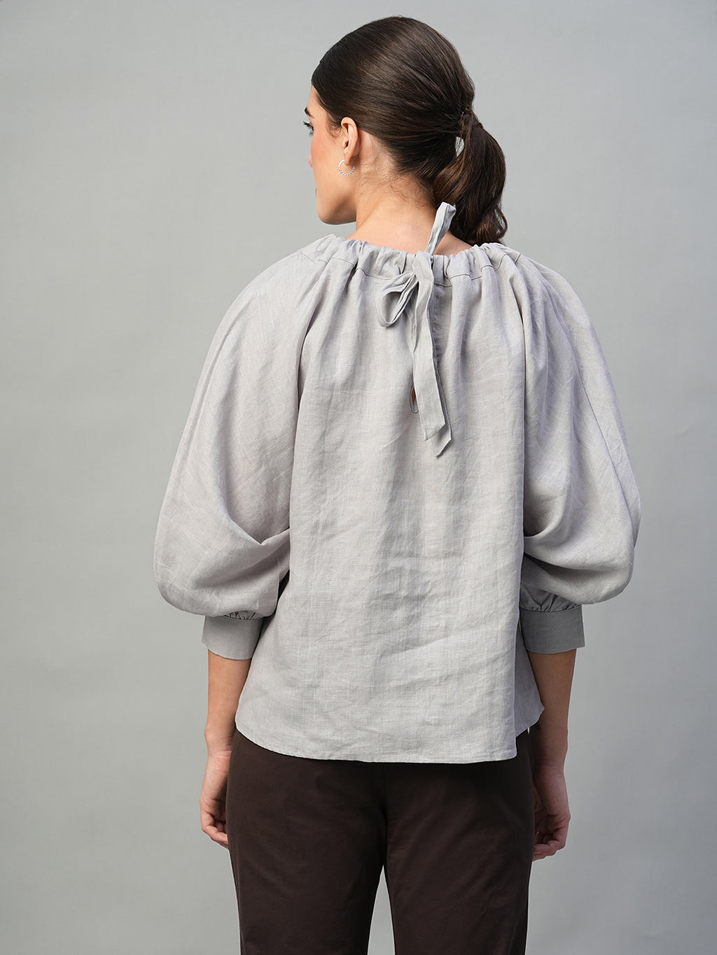 Women's Grey 100% Linen Regular Fit Blouse