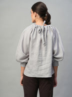 Women's Grey 100% Linen Regular Fit Blouse