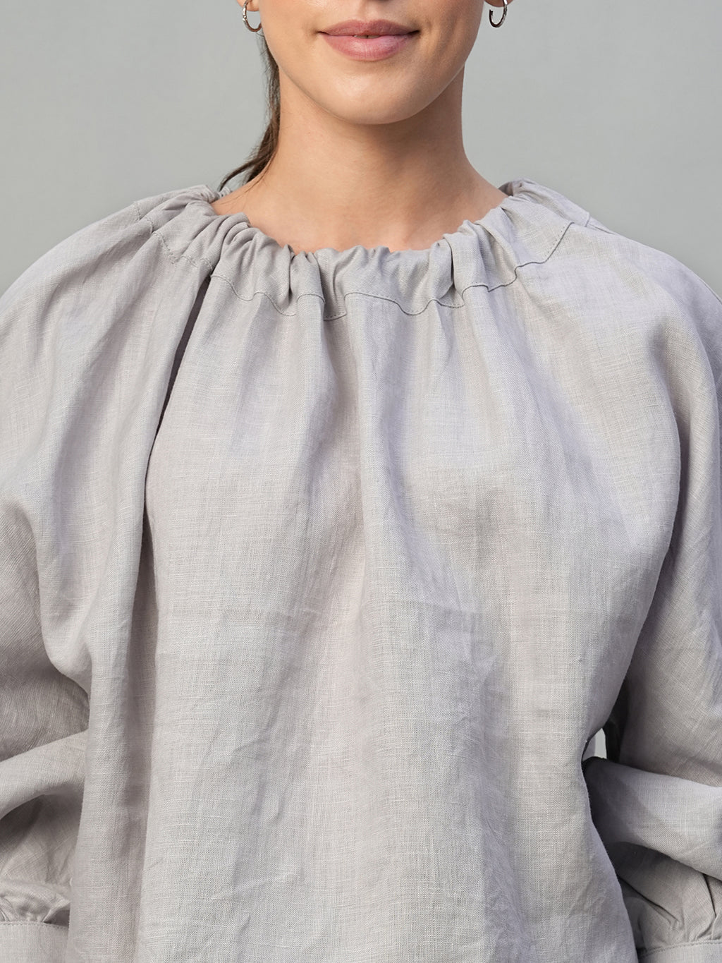 Women's Grey 100% Linen Regular Fit Blouse