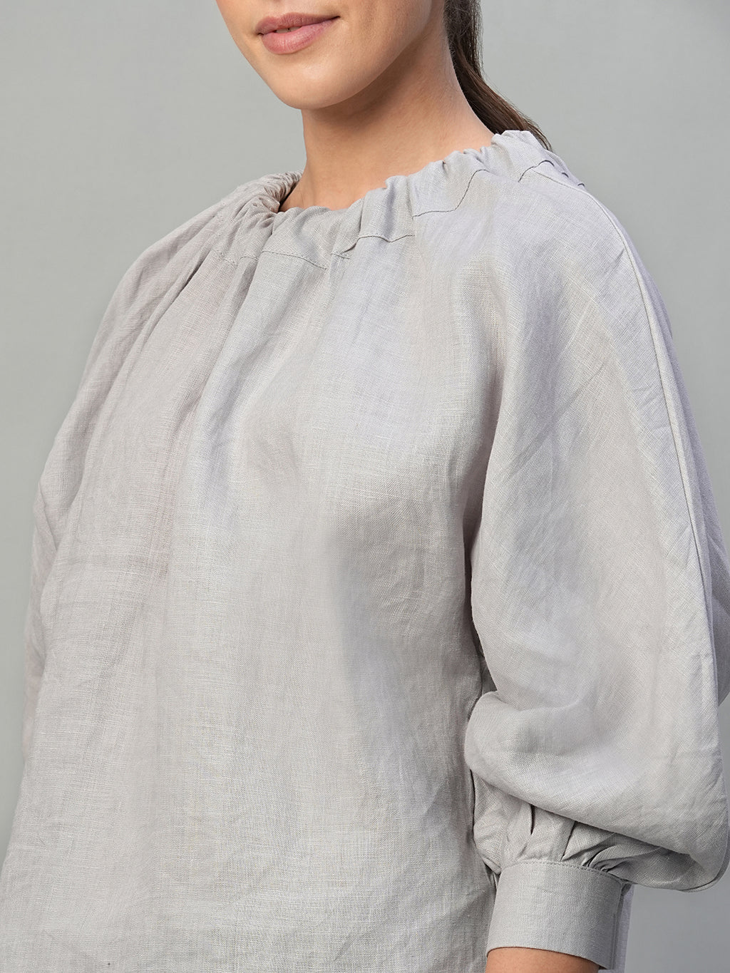 Women's Grey 100% Linen Regular Fit Blouse
