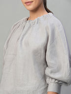 Women's Grey 100% Linen Regular Fit Blouse